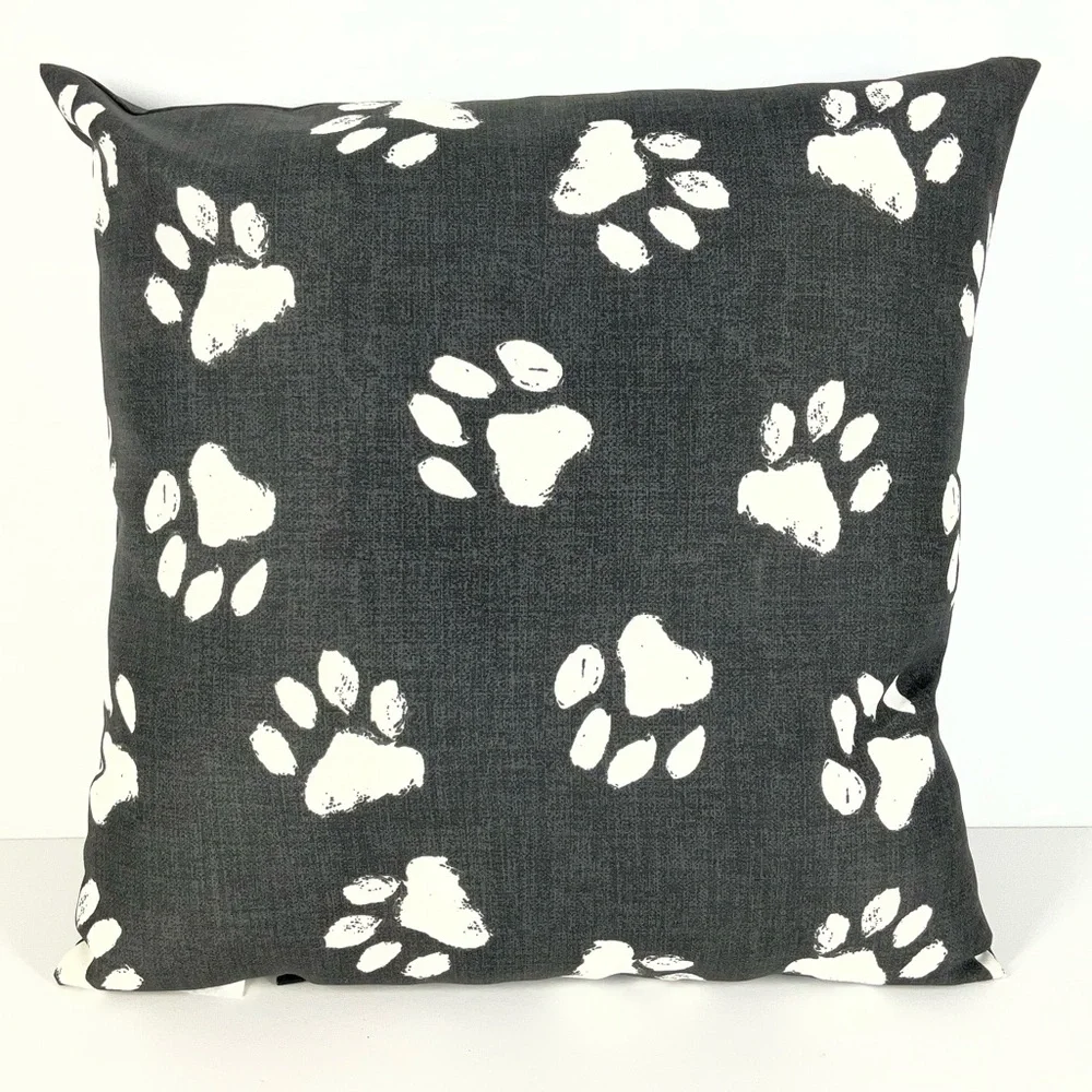 Mainstays Outdoor‎ Black Pillow with White Paw Prints and Text | 16 in. x 16 in.